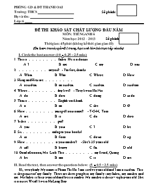 Đề thi khảo sát chất lượng đầu năm môn Tiếng Anh Lớp 6+7+8+9 - Năm học 2012-2013 - Phòng Giáo dục và đào tạo Thanh Oai (Có đáp án)